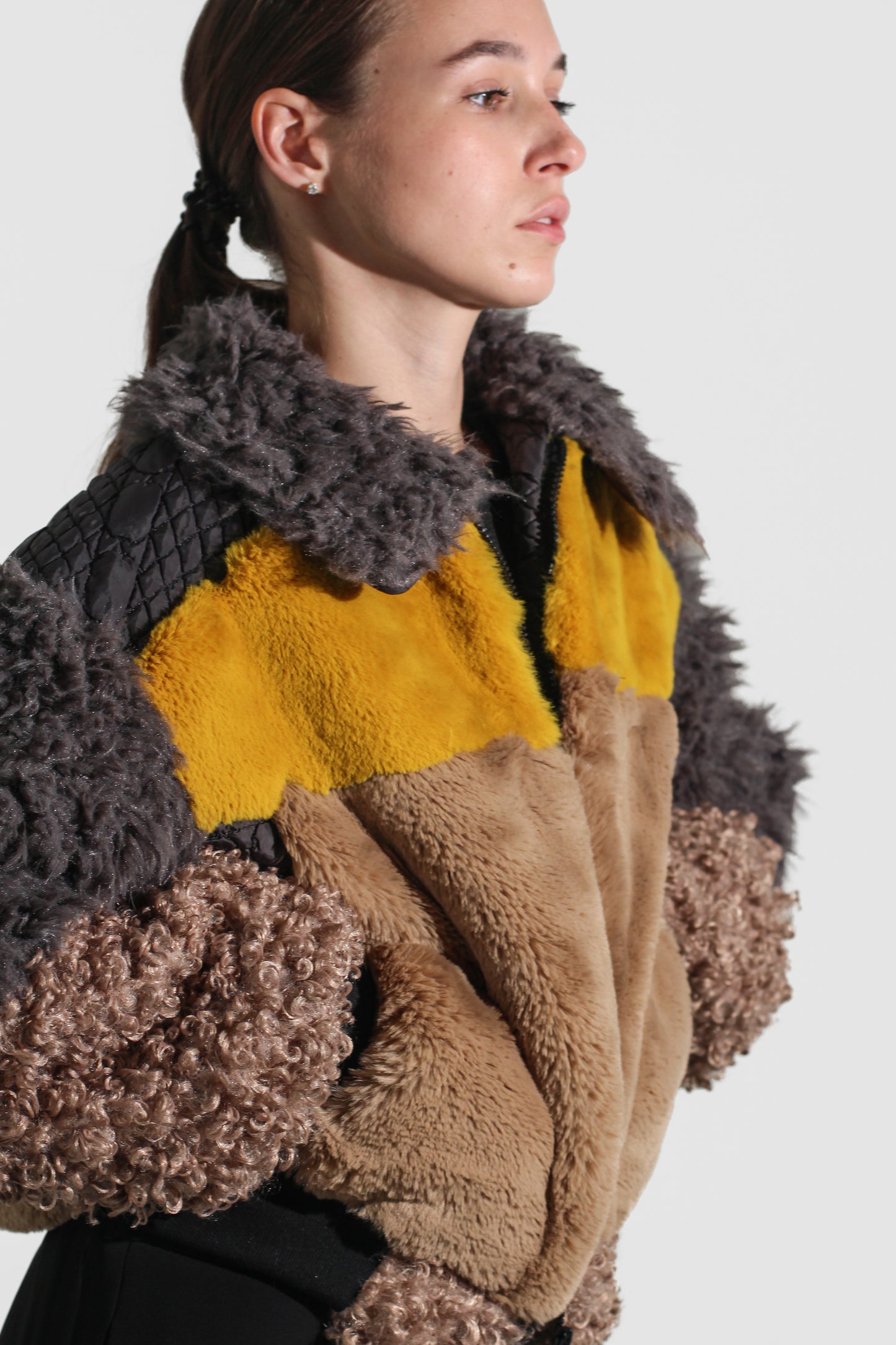 color-block faux fur bomber jacket