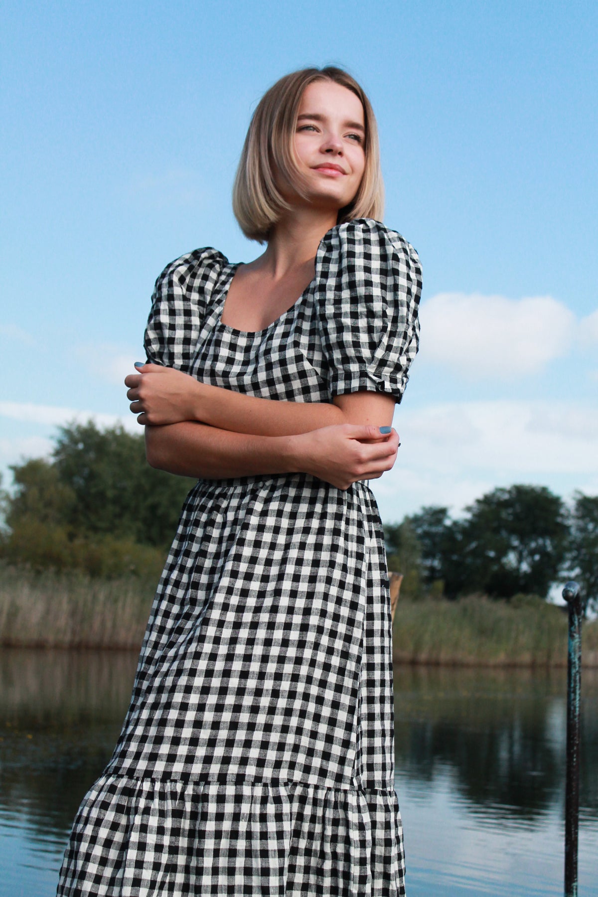Puff Sleeve MAXI Linen Checkered Dress CHLOE