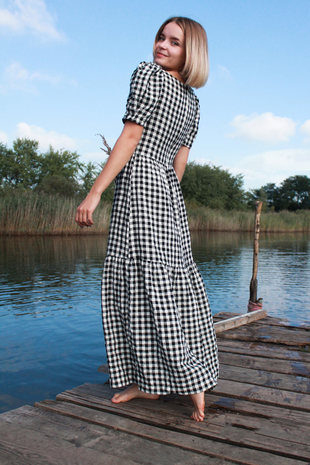 Puff Sleeve MAXI Linen Checkered Dress CHLOE
