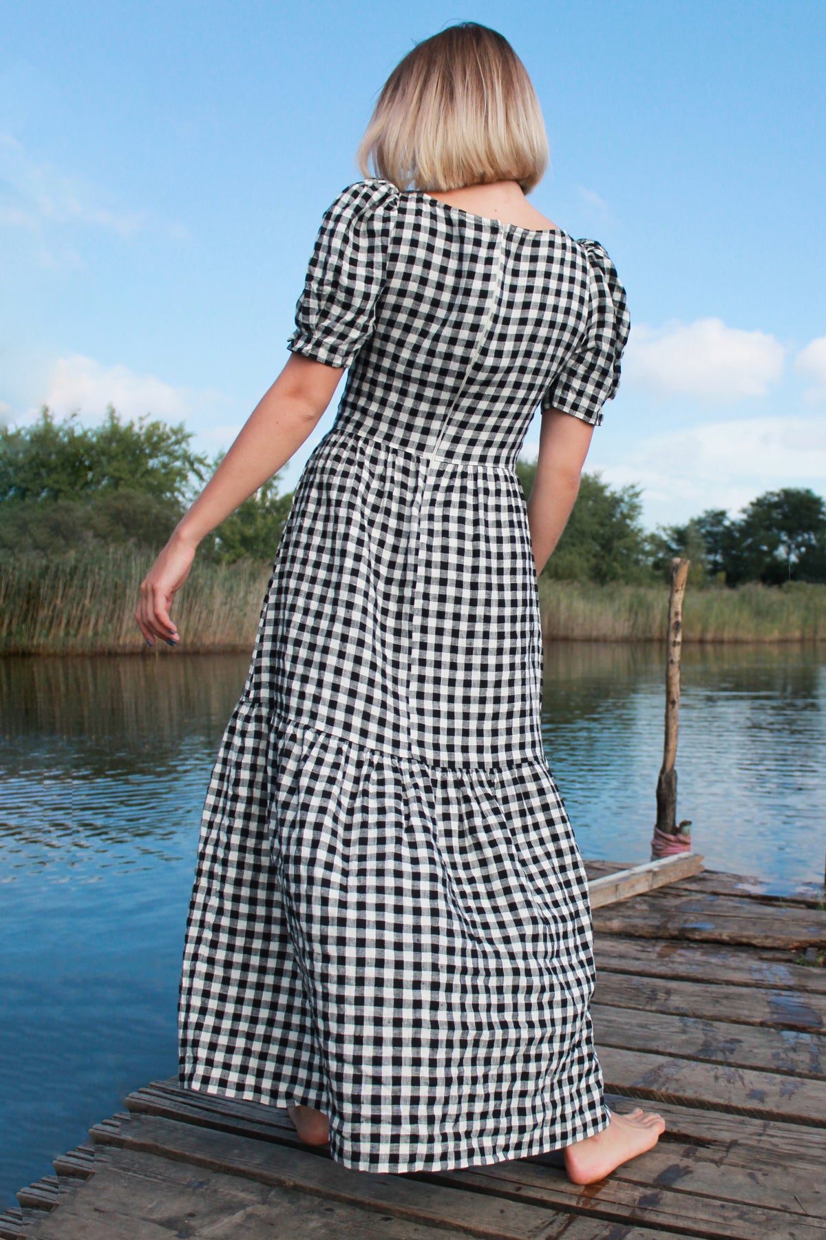 Puff Sleeve MAXI Linen Checkered Dress CHLOE
