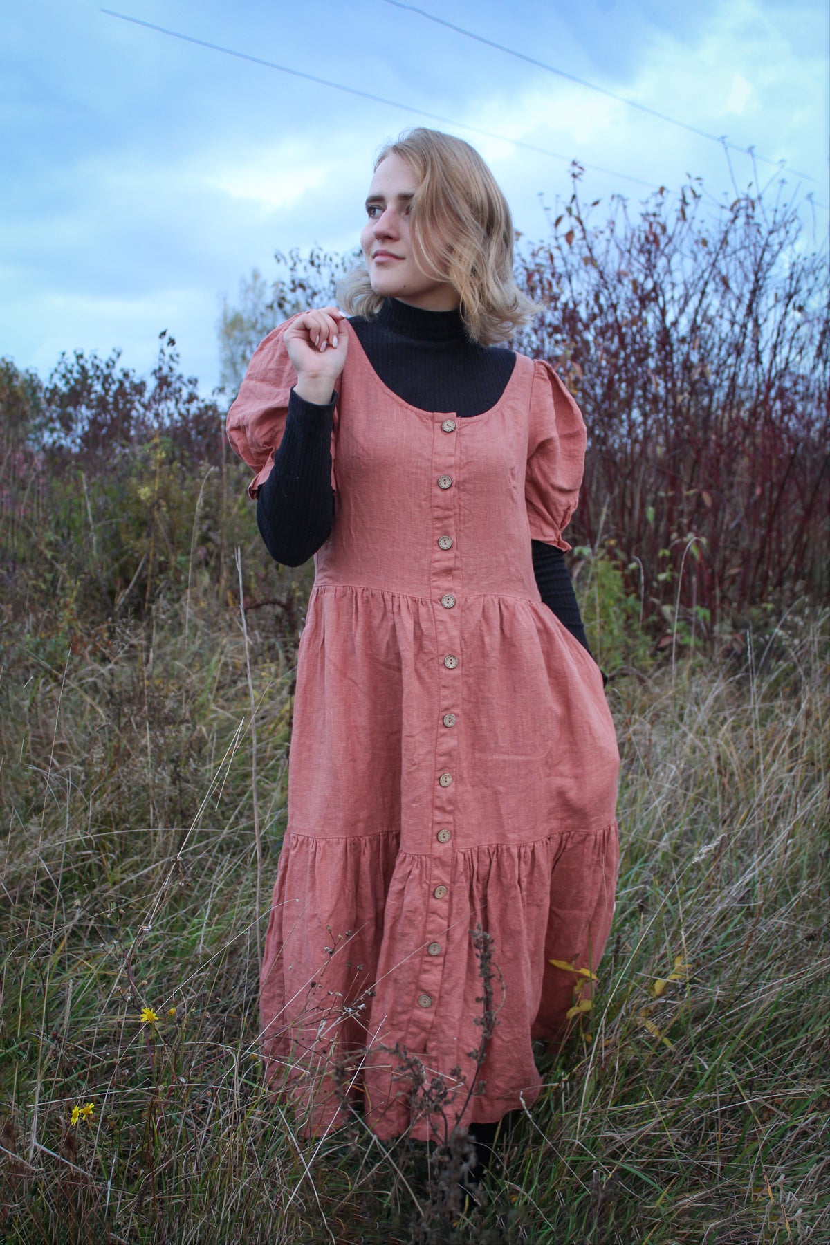 Short Puff Sleeves Linen Dress JULIA