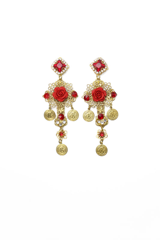 Baroque Red Roses Earrings with Antique Coins