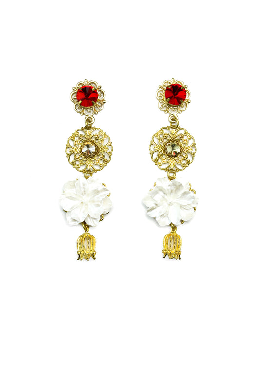 Big White Flowers Gold Earrings with Red Crystal