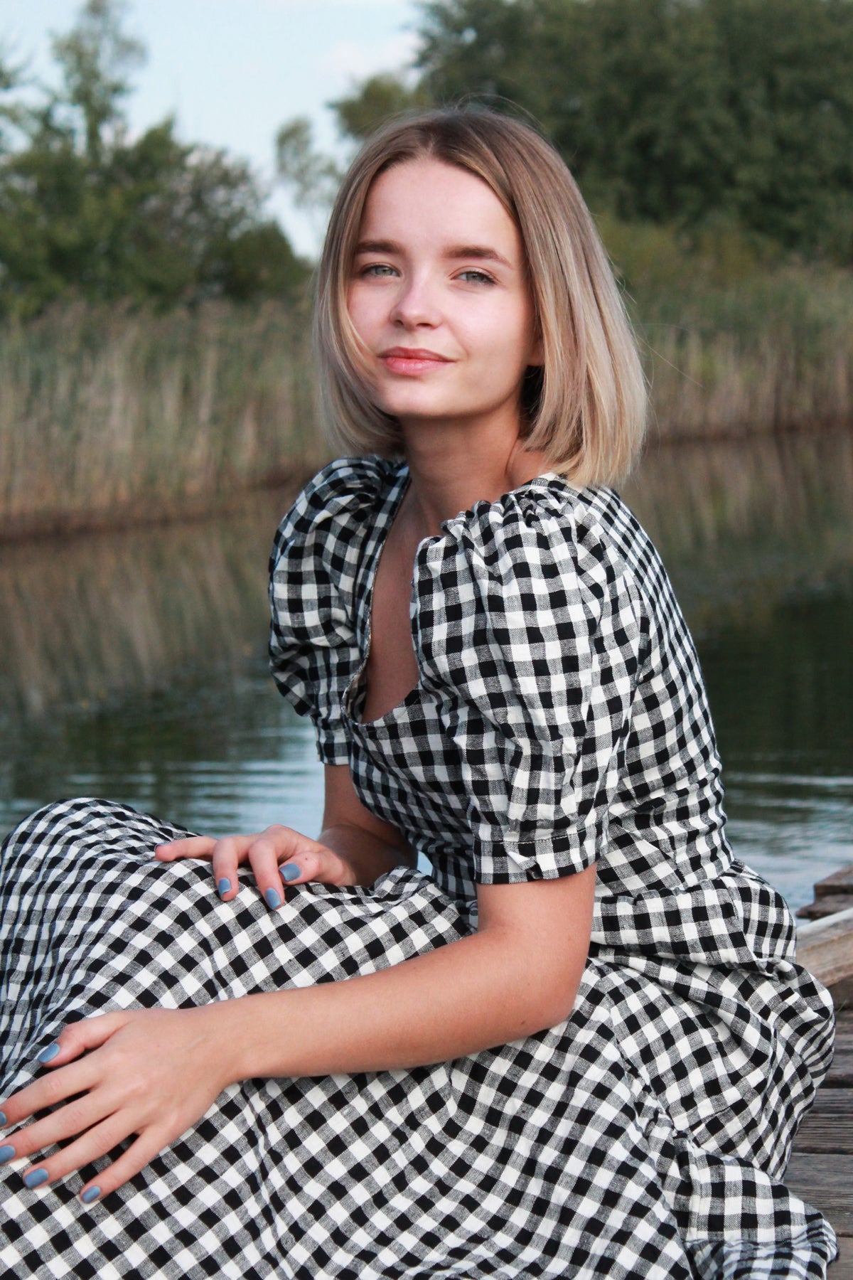 Puff Sleeve MAXI Linen Checkered Dress CHLOE