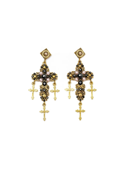 Stunning Baroque Black Cross Statement Dangle Earrings