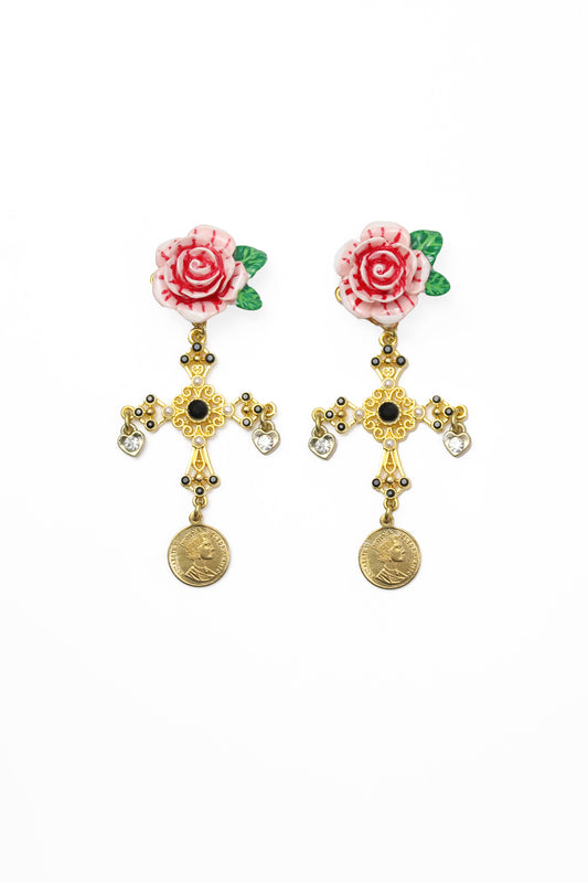 roses and cross earrings