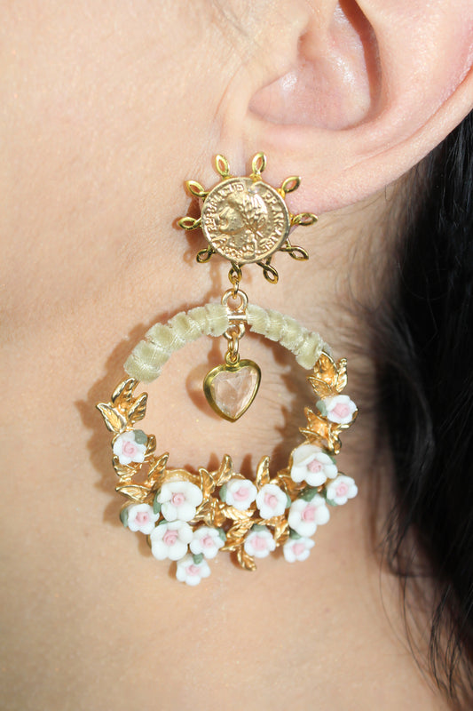 Victorian Heart Flowers Crystals Earrings